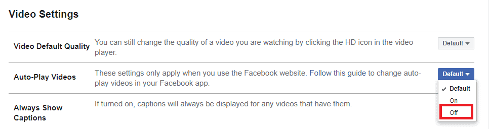 ايقاف التشغيل التلقائي للفيديو في الفيس بوك للكمبيوتر