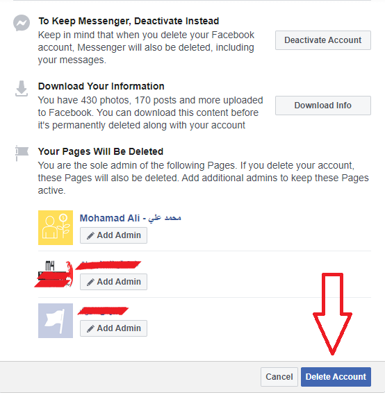 حذف حساب فايسبوك