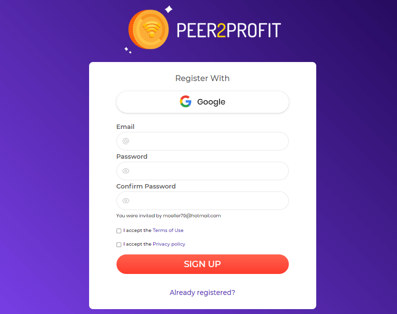 Peer2Profit Sign-up