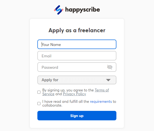 التسجيل في Happy Scribe